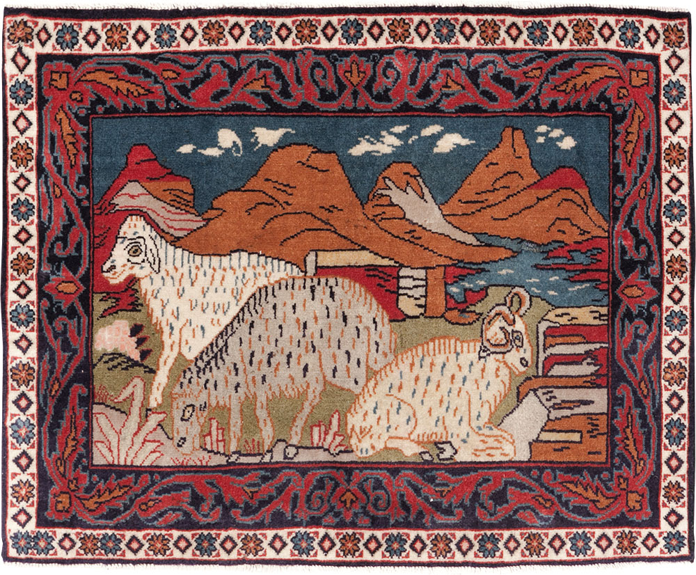 Vintage Persian Sarouk Pictorial Throw Rug (Pair: 2 of 2), No.27995 - Gss