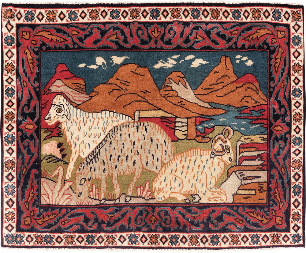 Vintage Persian Sarouk Pictorial Throw Rug (Pair: 2 of 2), No.27995 - Gss