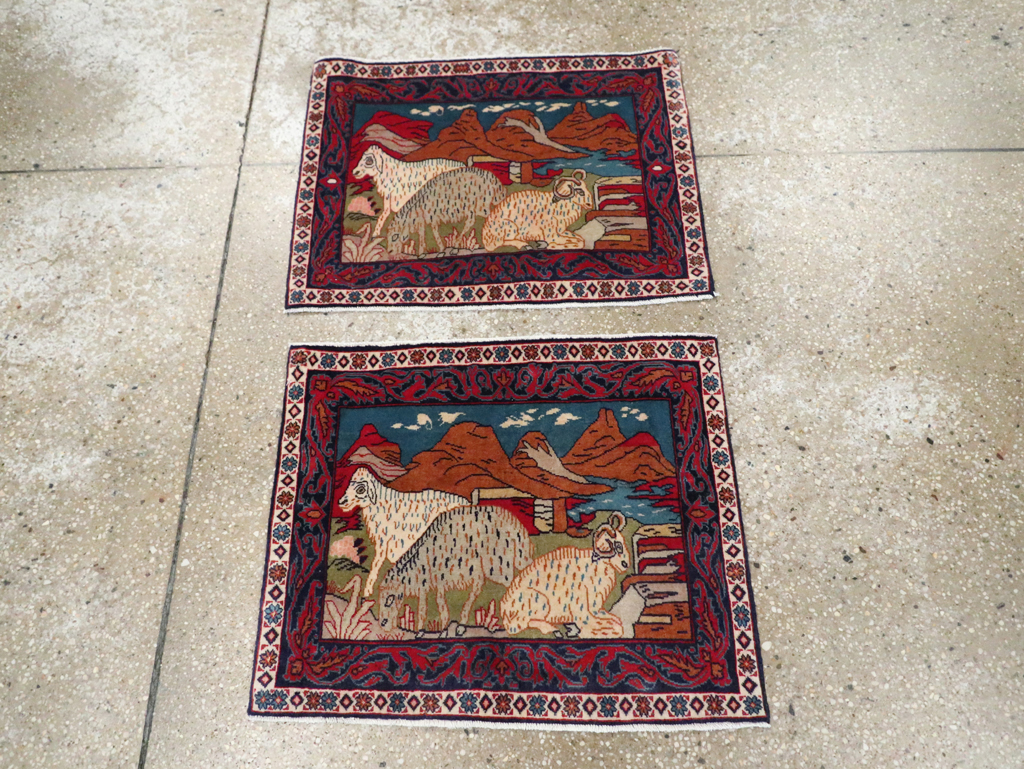Vintage Persian Sarouk Pictorial Throw Rug (Pair: 2 of 2), No.27995 - Gss