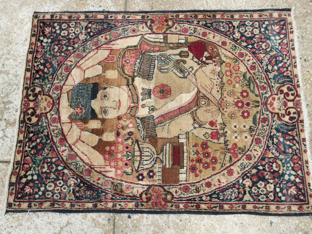 Antique Persian Lavar Kerman Pictorial Rug, No.28243 - Gss
