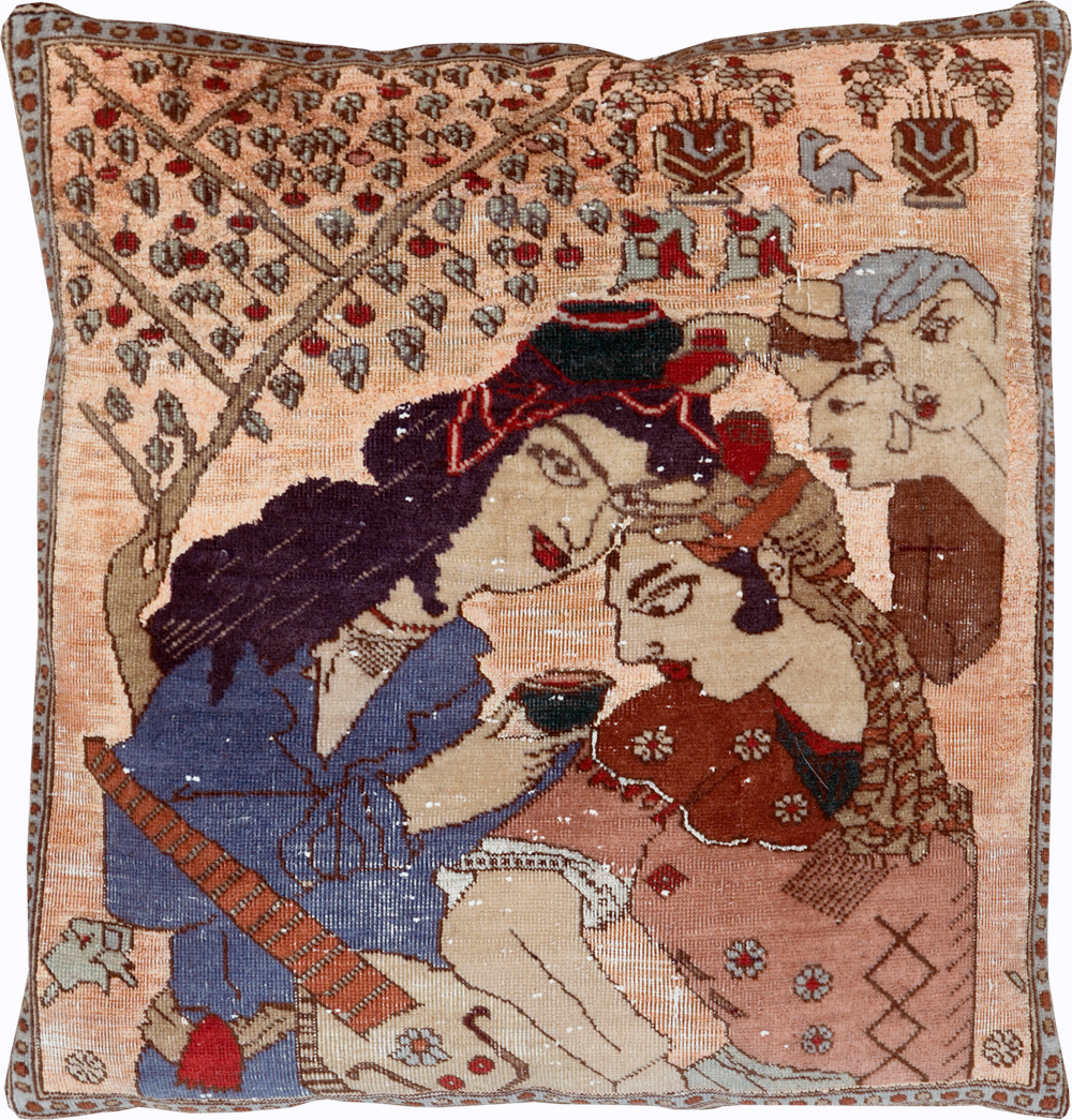 Antique Persian Tabriz Pictorial Pillow, No.28265 - Gss