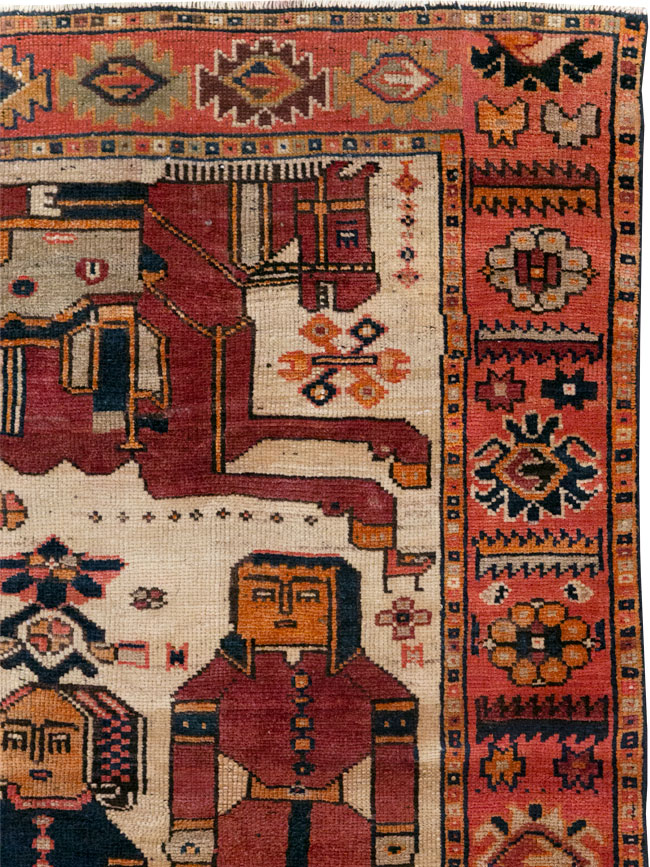 Vintage Persian Pictorial Bakhtiari Tribal Accent Rug, No.28360 - Gss