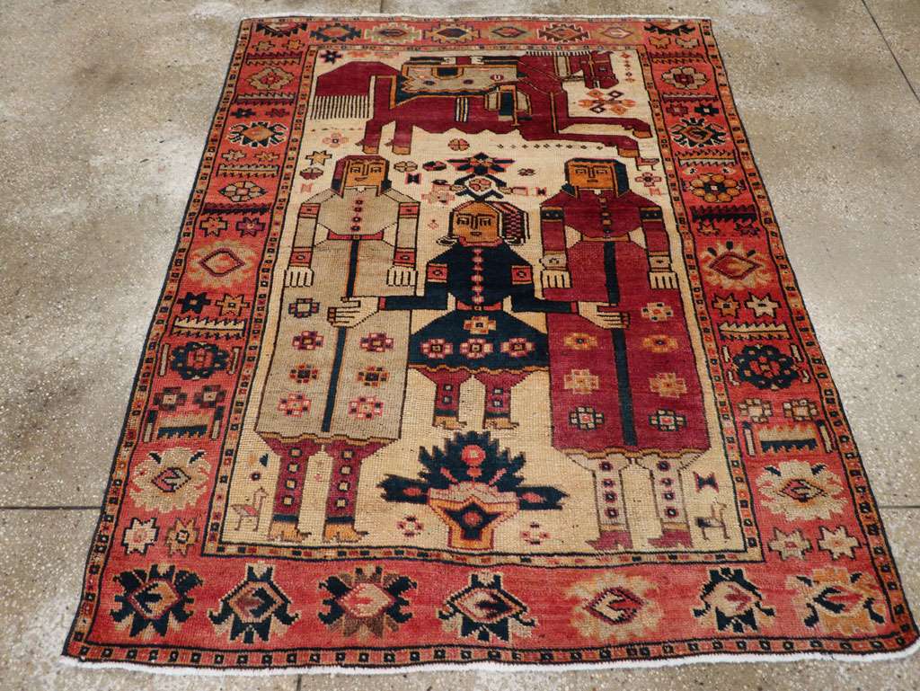 Vintage Persian Pictorial Bakhtiari Tribal Accent Rug, No.28360 - Gss