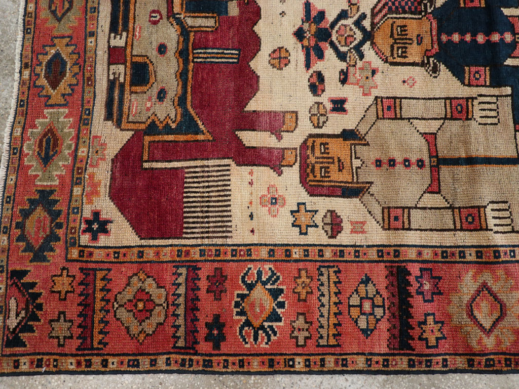 Vintage Persian Pictorial Bakhtiari Tribal Accent Rug, No.28360 - Gss