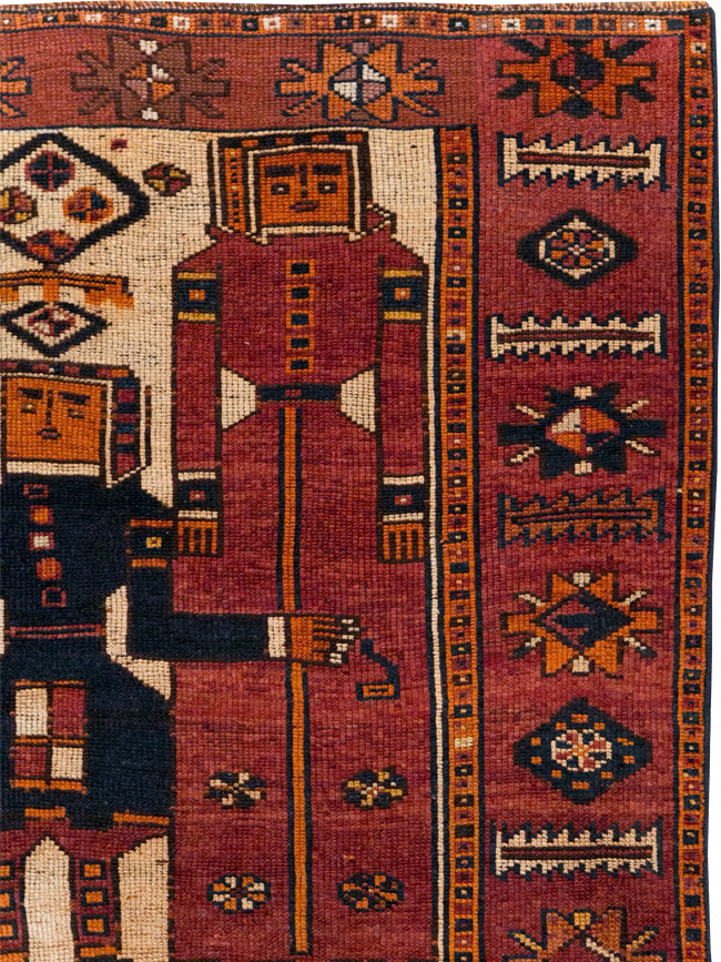 Vintage Persian Pictorial Bakhtiari Tribal Accent Rug, No.28363 - Gss