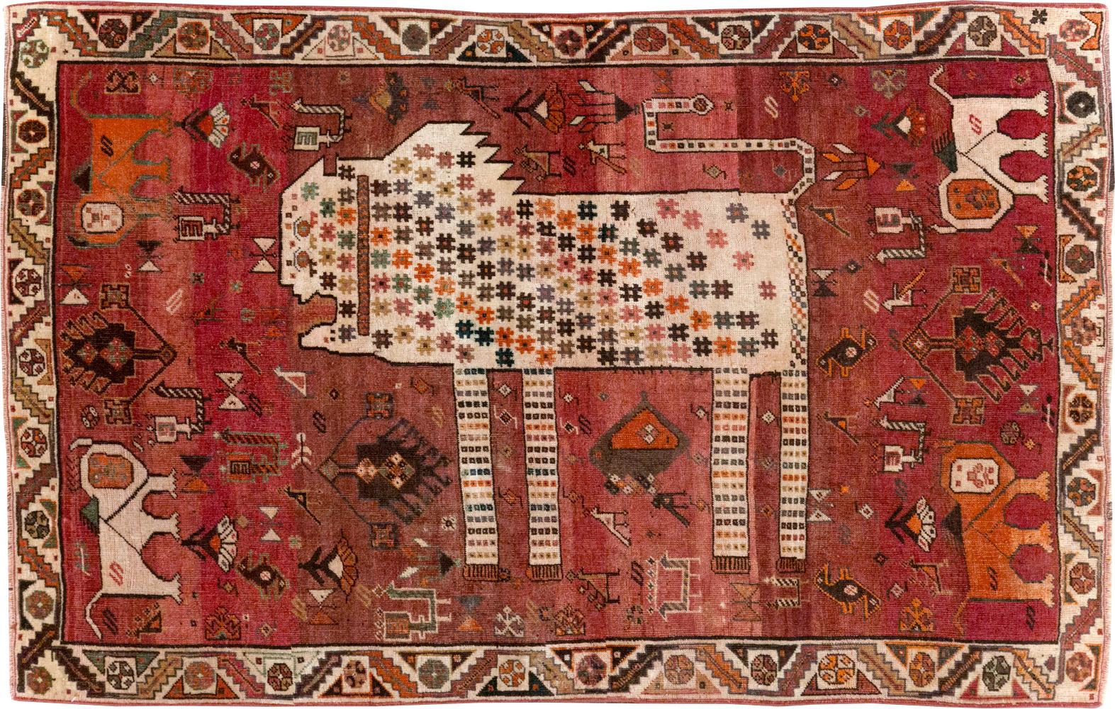 Vintage Persian Qashqai Pictorial Throw Rug, No.28434 - Gss