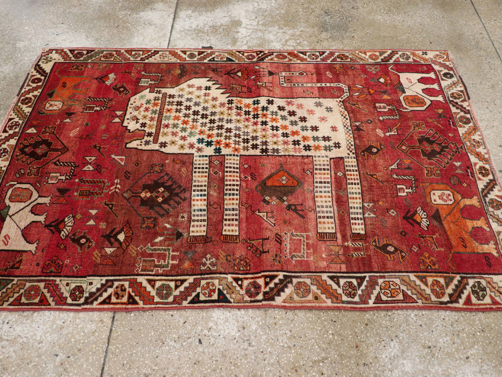 Vintage Persian Qashqai Pictorial Throw Rug, No.28434 - Gss