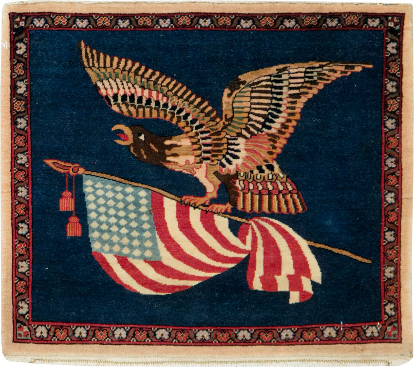 Vintage Persian Kashan Flag Pictorial Rug, No.28467 - Gss