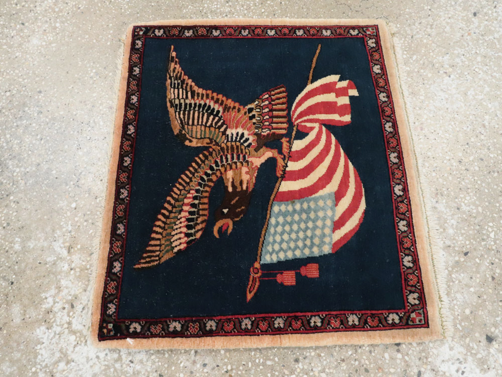 Vintage Persian Kashan Flag Pictorial Rug, No.28467 - Gss