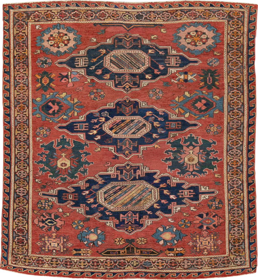 Antique Russian Soumak Square Throw Rug, No.28893 - Gss
