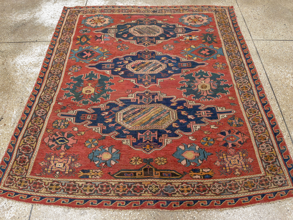 Antique Russian Soumak Square Throw Rug, No.28893 - Gss