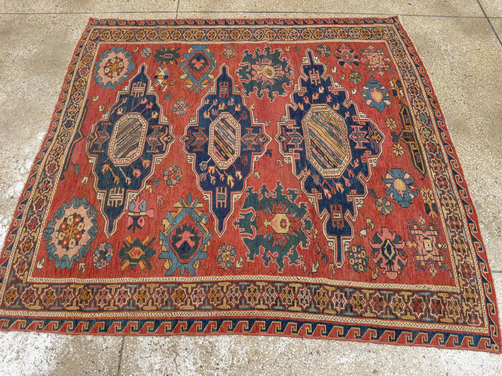 Antique Russian Soumak Square Throw Rug, No.28893 - Gss