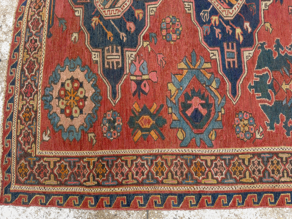 Antique Russian Soumak Square Throw Rug, No.28893 - Gss