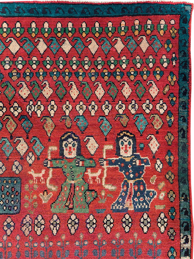 Vintage Persian Hamadan Pictorial Accent Carpet, No.28930 - Gss