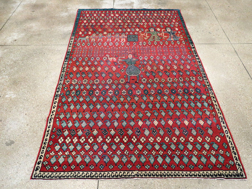 Vintage Persian Hamadan Pictorial Accent Carpet, No.28930 - Gss