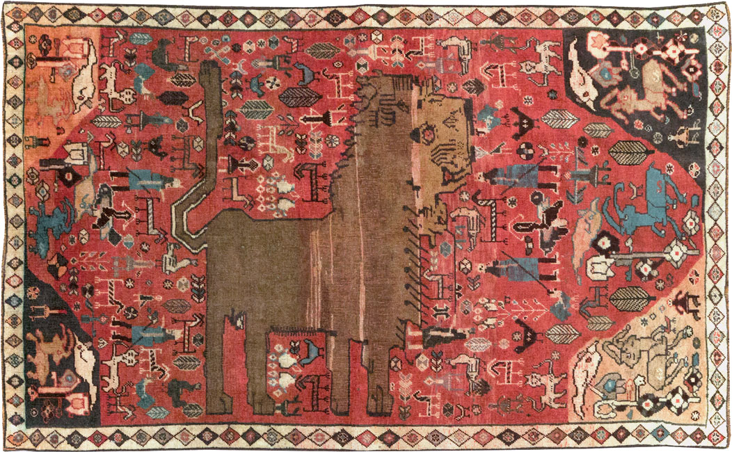 Vintage Persian Qashqai Pictorial Accent Rug, No.29085 - Gss