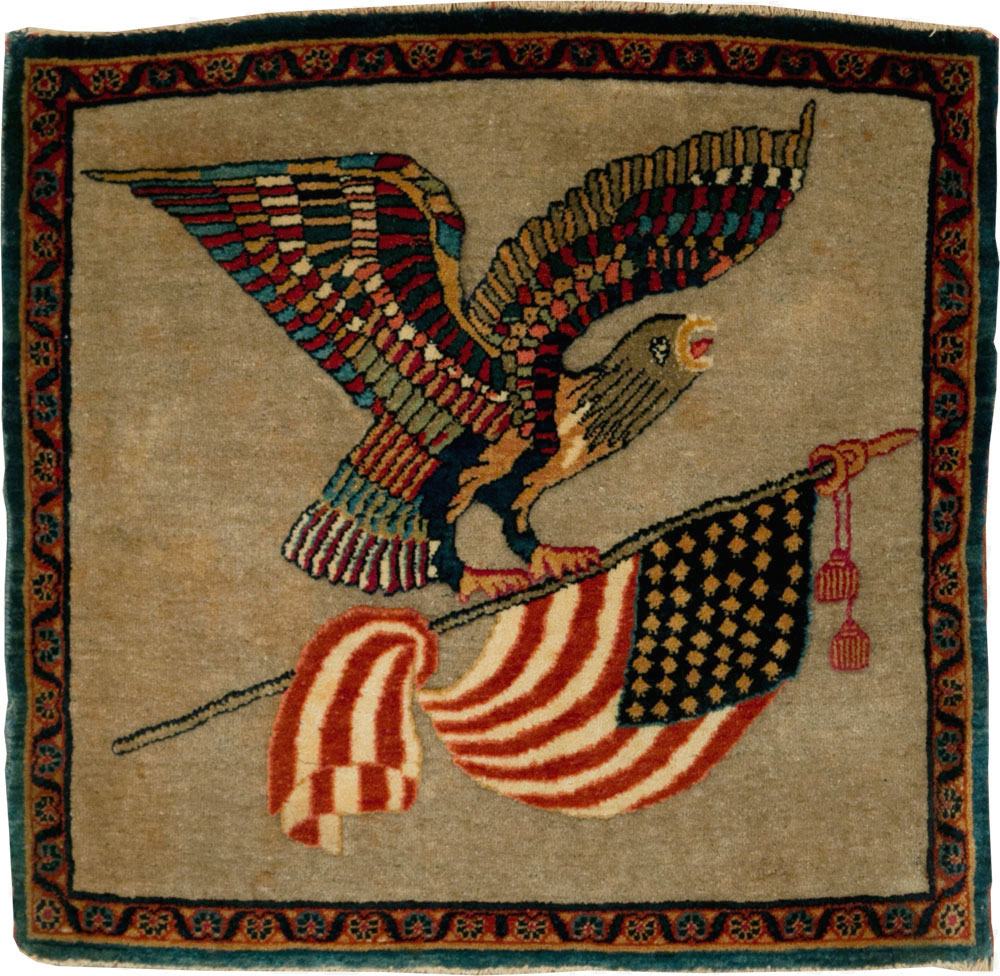 Antique Persian Kashan Flag Pictorial Rug, No.29111 - Gss