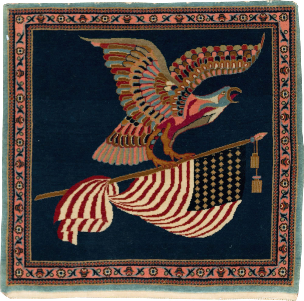 Vintage Persian Kashan Flag Pictorial Rug, No.29384 - Gss