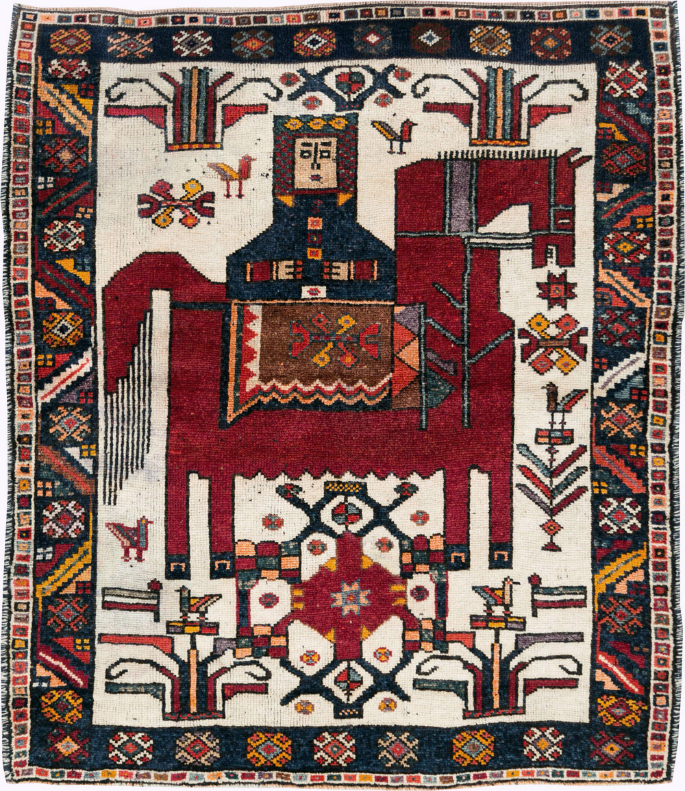 Vintage Persian Pictorial Bakhtiari Square Accent Rug (Pair: 1 of 2), No.30033 - Gss