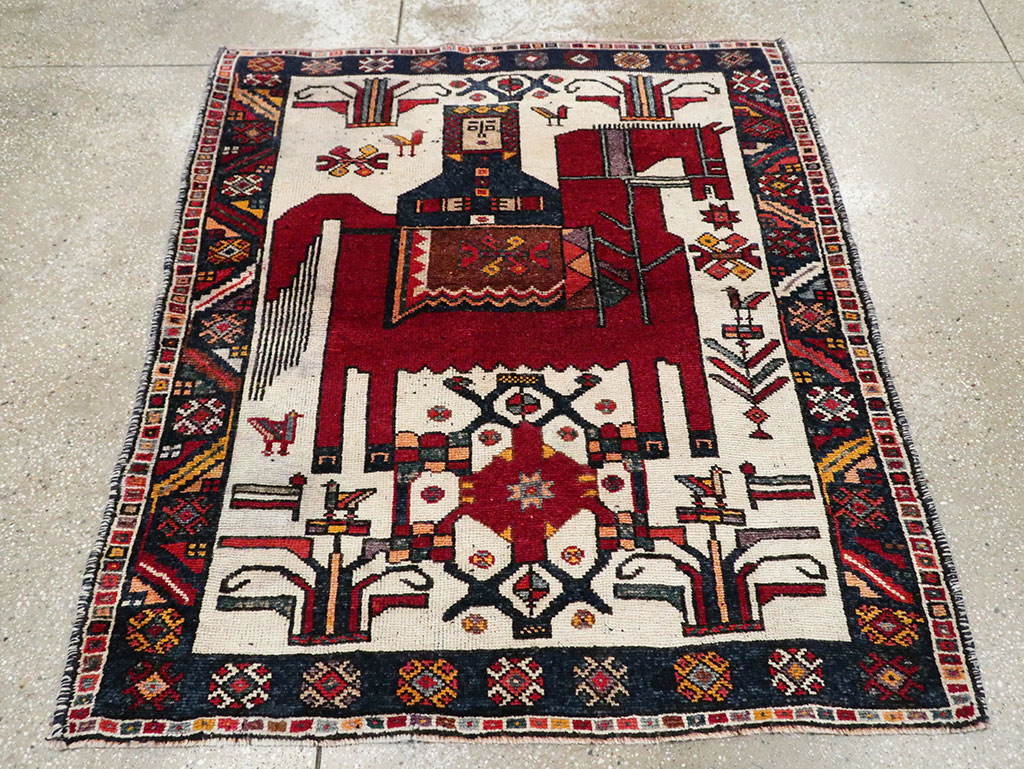 Vintage Persian Pictorial Bakhtiari Square Accent Rug (Pair: 1 of 2), No.30033 - Gss