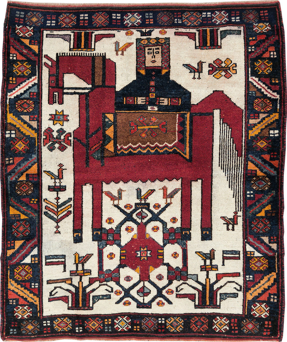 Vintage Persian Pictorial Bakhtiari Square Accent Rug (Pair: 2 of 2), No.30034 - Gss