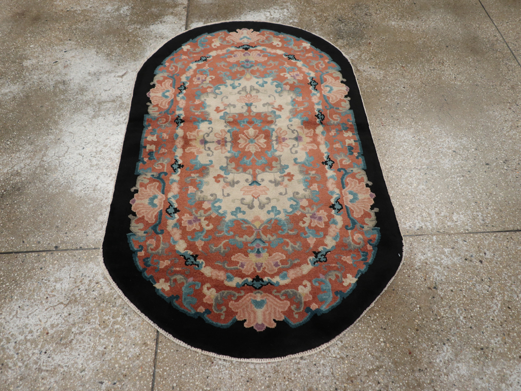 Round Oval Vintage Chinese Art Deco Accent Rug, No.30364 - Gss