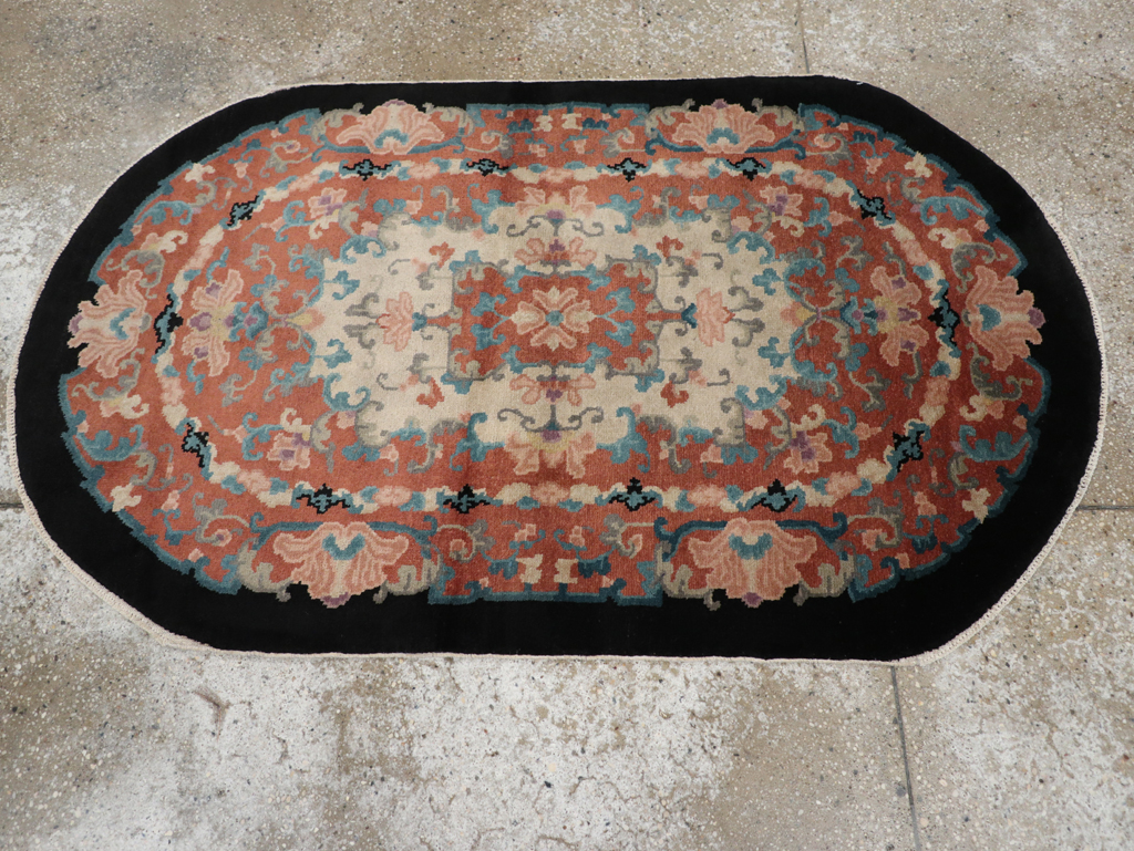 Round Oval Vintage Chinese Art Deco Accent Rug, No.30364 - Gss