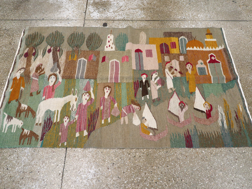 Vintage Polish Pictorial Flatweave Kilim Throw Rug, No.30632 - Gss