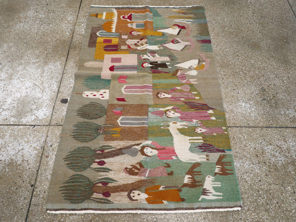 Vintage Polish Pictorial Flatweave Kilim Throw Rug, No.30632 - Gss