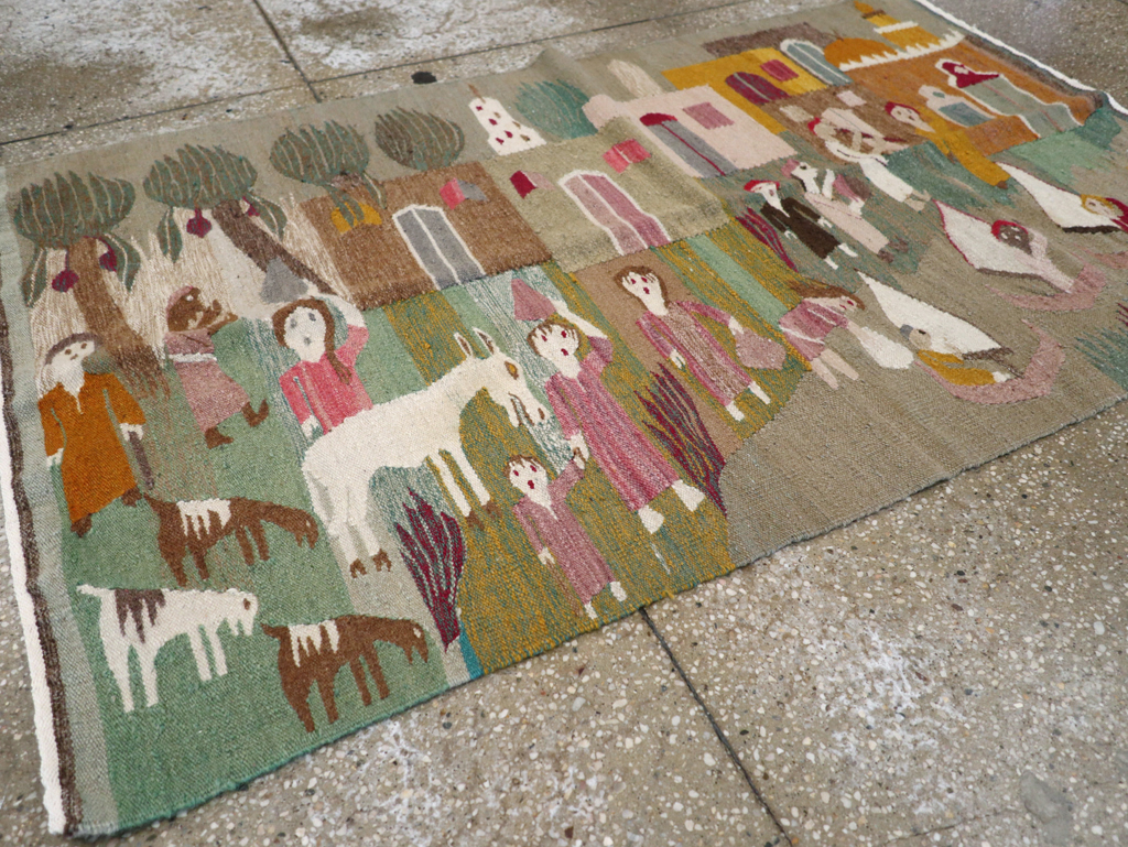 Vintage Polish Pictorial Flatweave Kilim Throw Rug, No.30632 - Gss