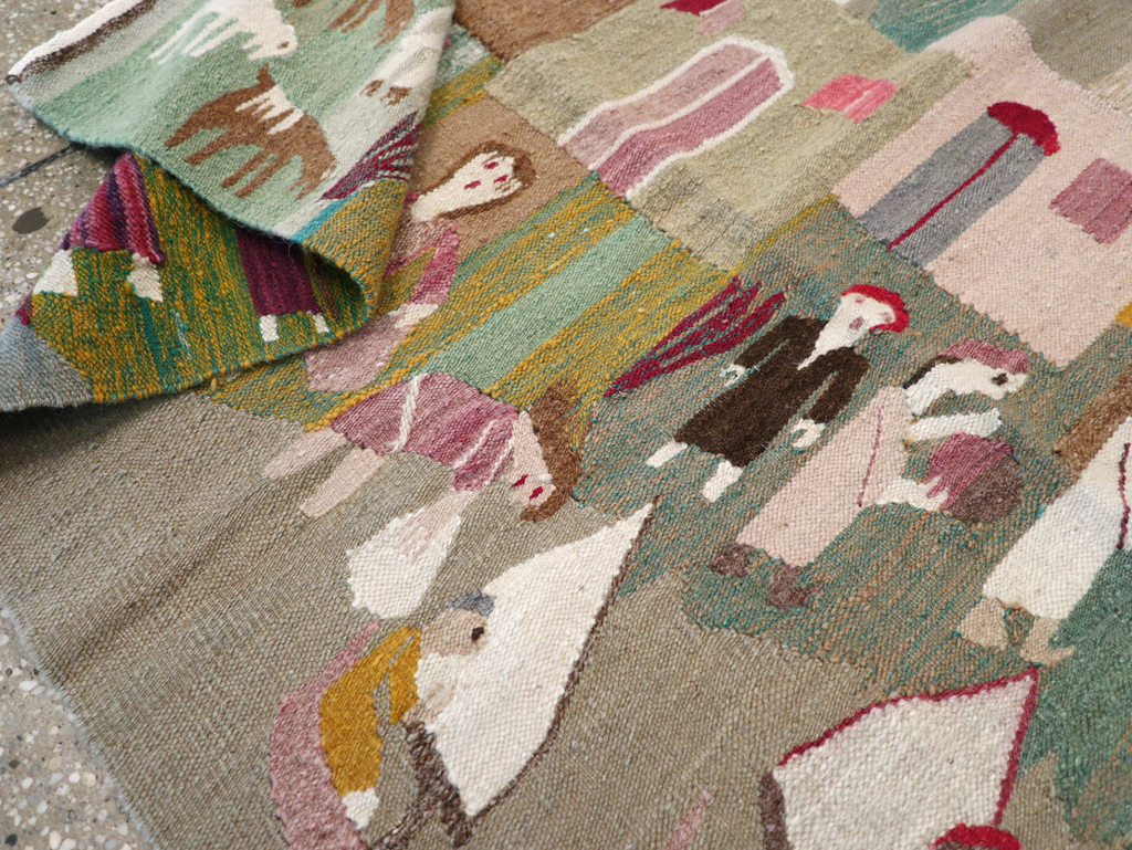 Vintage Polish Pictorial Flatweave Kilim Throw Rug, No.30632 - Gss