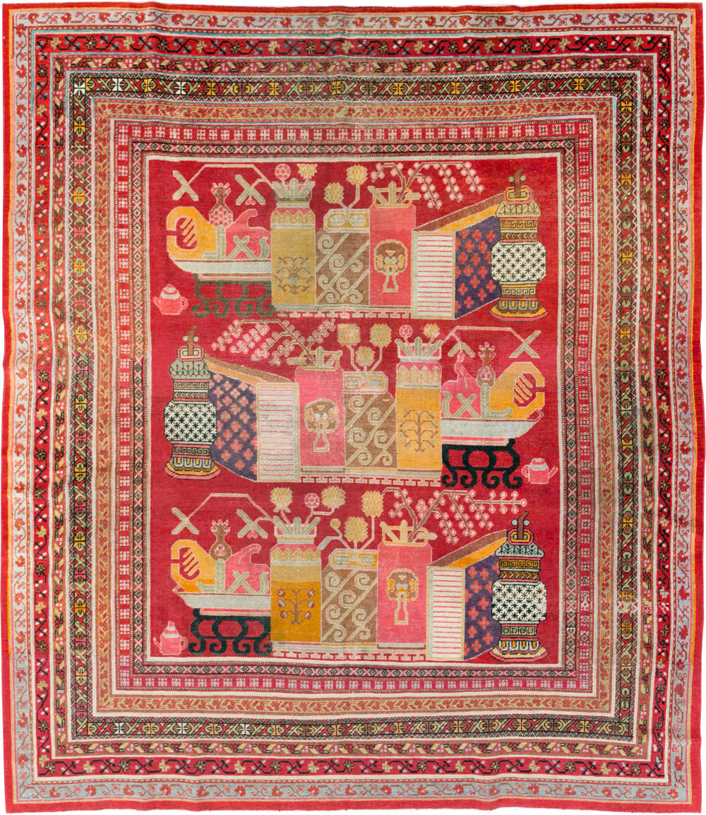 Antique East Turkestan Pictorial Vase Khotan Small Room Size Carpet, No.30818 - Gss