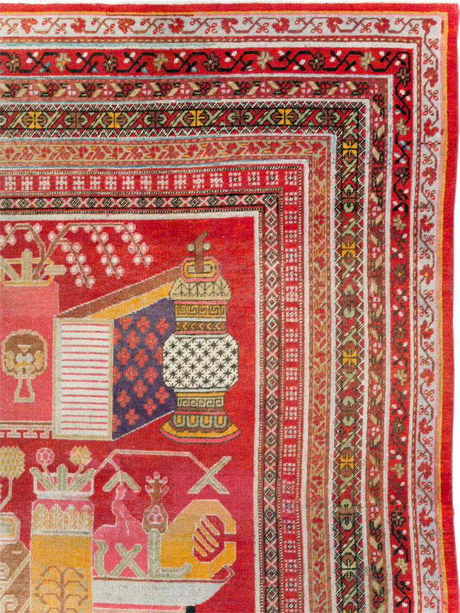 Antique East Turkestan Pictorial Vase Khotan Small Room Size Carpet, No.30818 - Gss