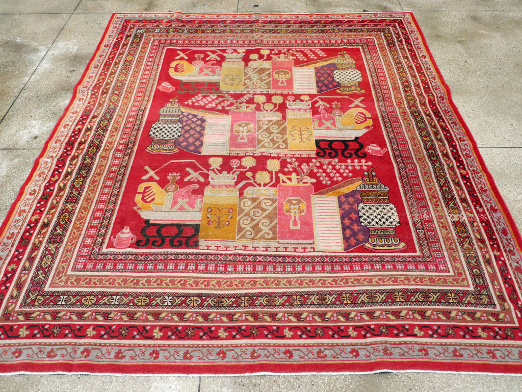 Antique East Turkestan Pictorial Vase Khotan Small Room Size Carpet, No.30818 - Gss