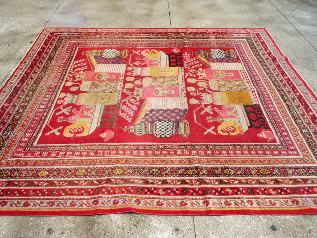 Antique East Turkestan Pictorial Vase Khotan Small Room Size Carpet, No.30818 - Gss