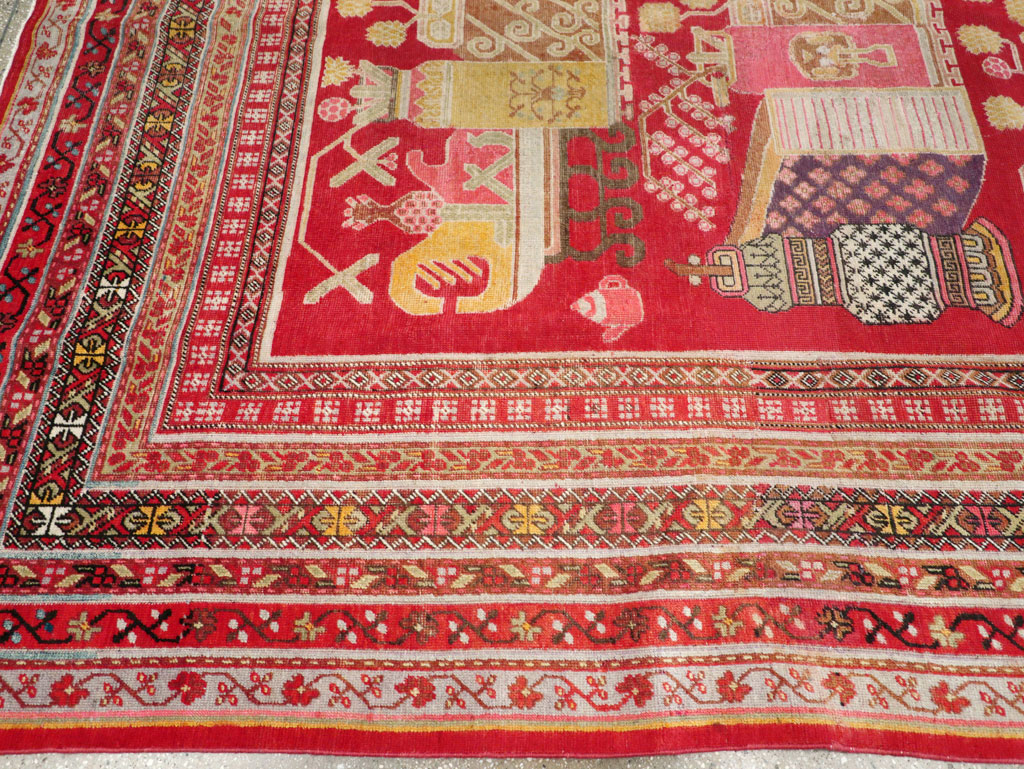 Antique East Turkestan Pictorial Vase Khotan Small Room Size Carpet, No.30818 - Gss