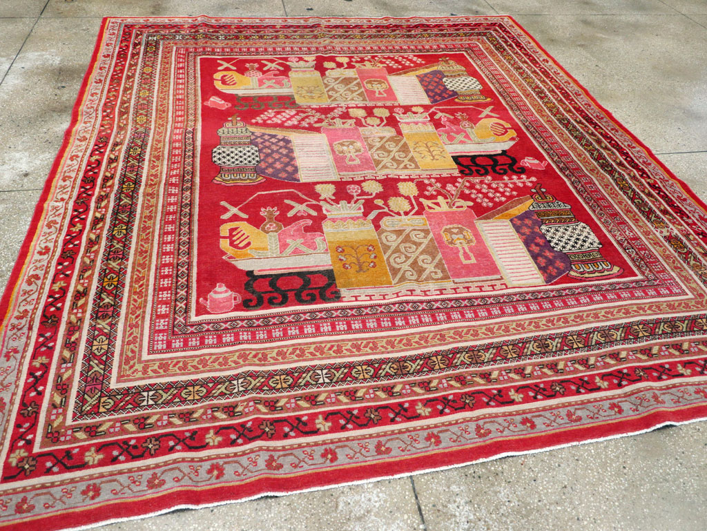 Antique East Turkestan Pictorial Vase Khotan Small Room Size Carpet, No.30818 - Gss