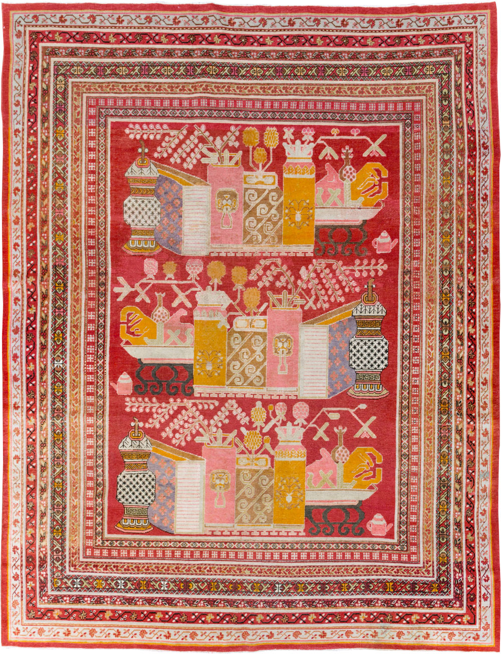 Antique East Turkestan Pictorial Vase Khotan Room Size Carpet, No.30852 - Gss