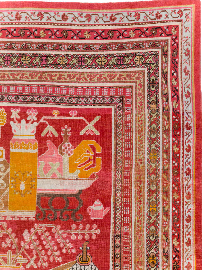Antique East Turkestan Pictorial Vase Khotan Room Size Carpet, No.30852 - Gss