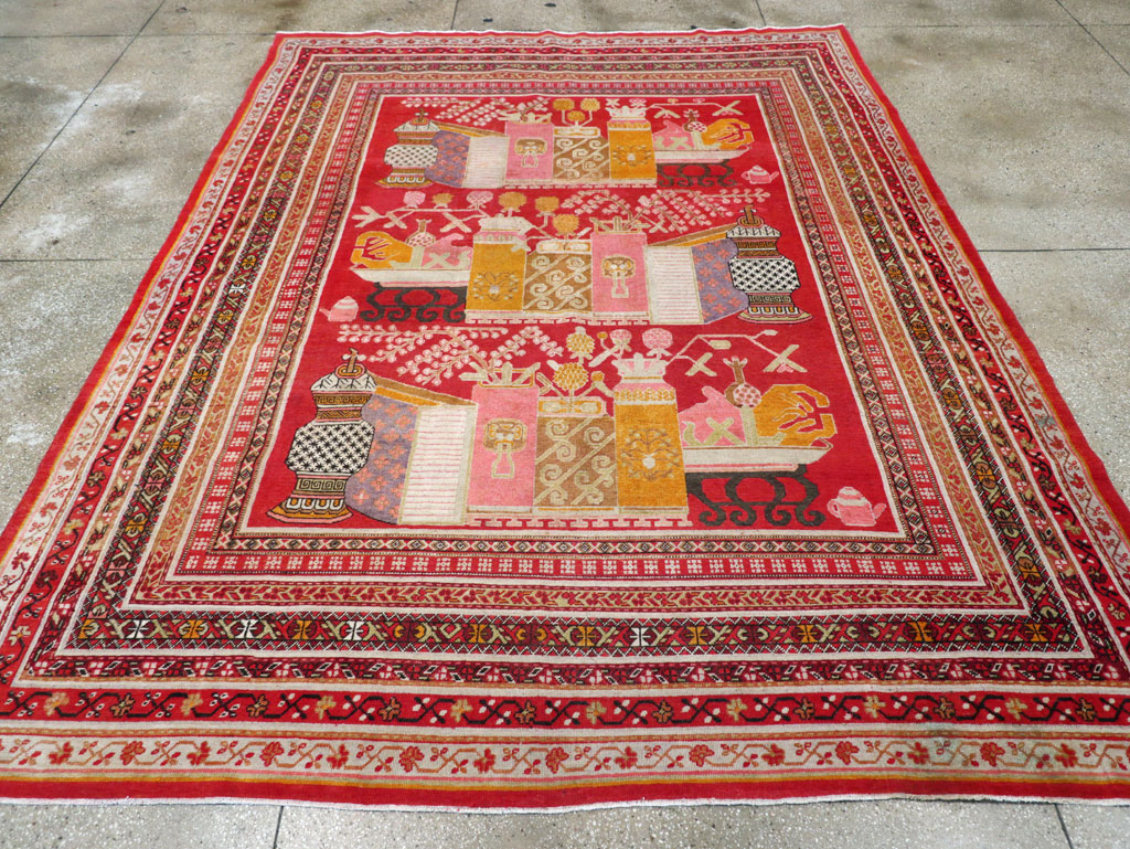 Antique East Turkestan Pictorial Vase Khotan Room Size Carpet, No.30852 - Gss