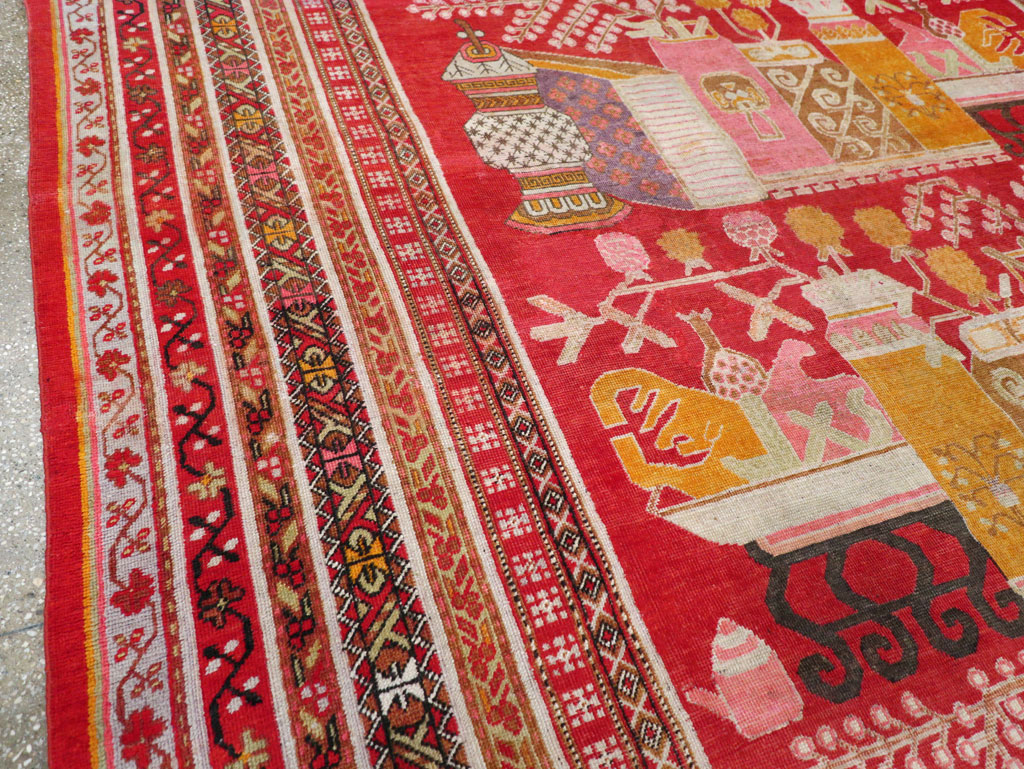 Antique East Turkestan Pictorial Vase Khotan Room Size Carpet, No.30852 - Gss