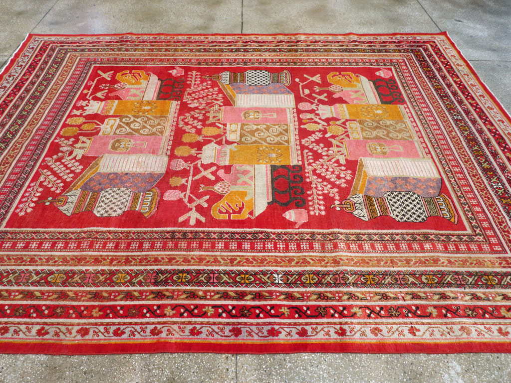 Antique East Turkestan Pictorial Vase Khotan Room Size Carpet, No.30852 - Gss