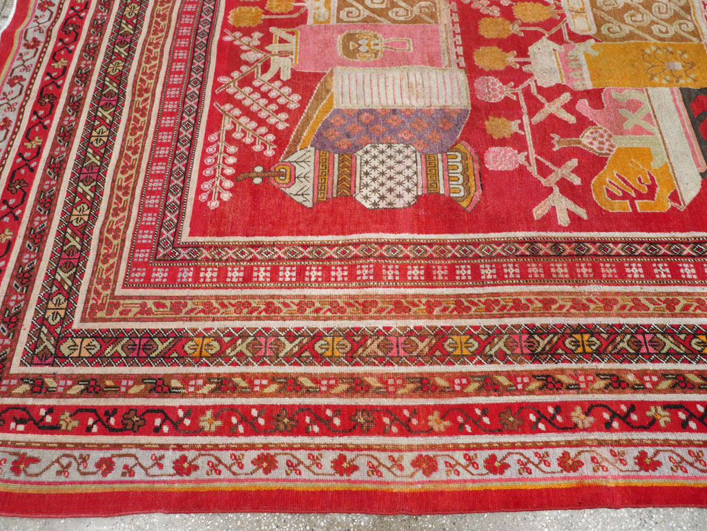 Antique East Turkestan Pictorial Vase Khotan Room Size Carpet, No.30852 - Gss