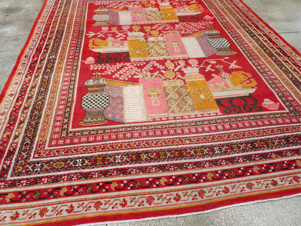 Antique East Turkestan Pictorial Vase Khotan Room Size Carpet, No.30852 - Gss