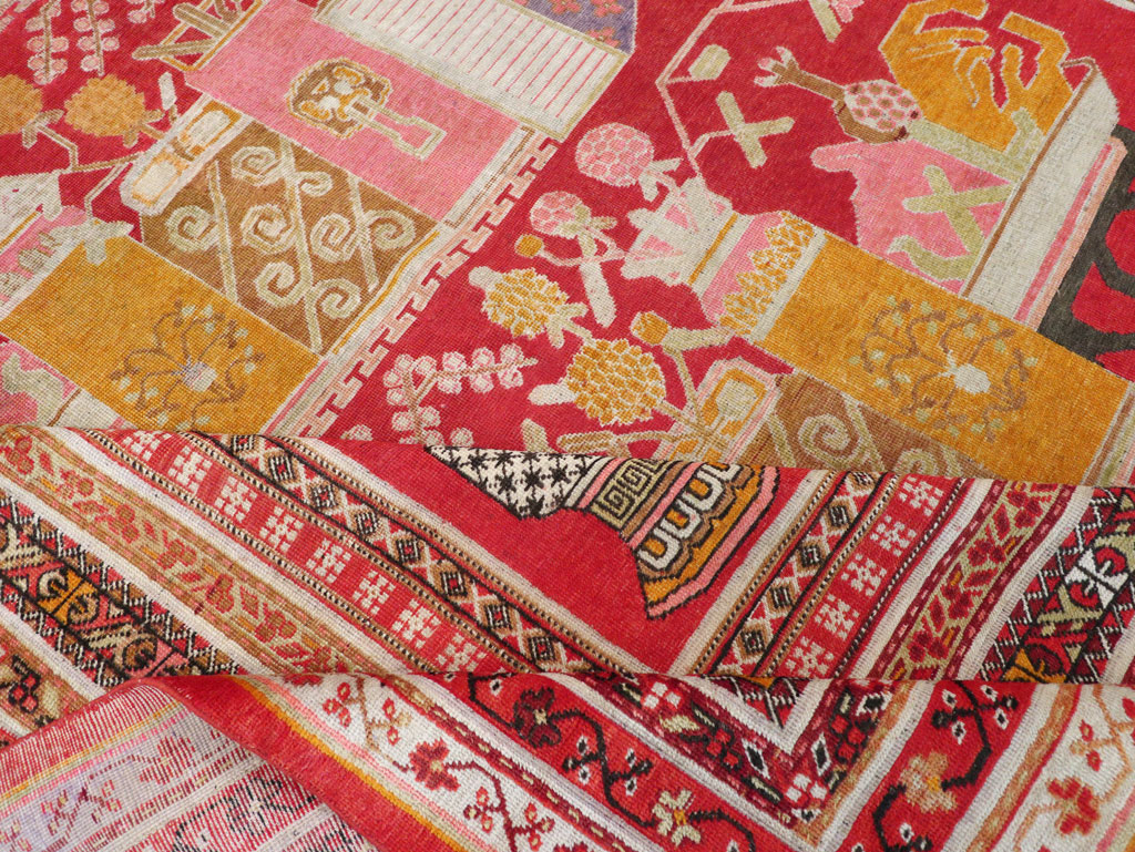 Antique East Turkestan Pictorial Vase Khotan Room Size Carpet, No.30852 - Gss