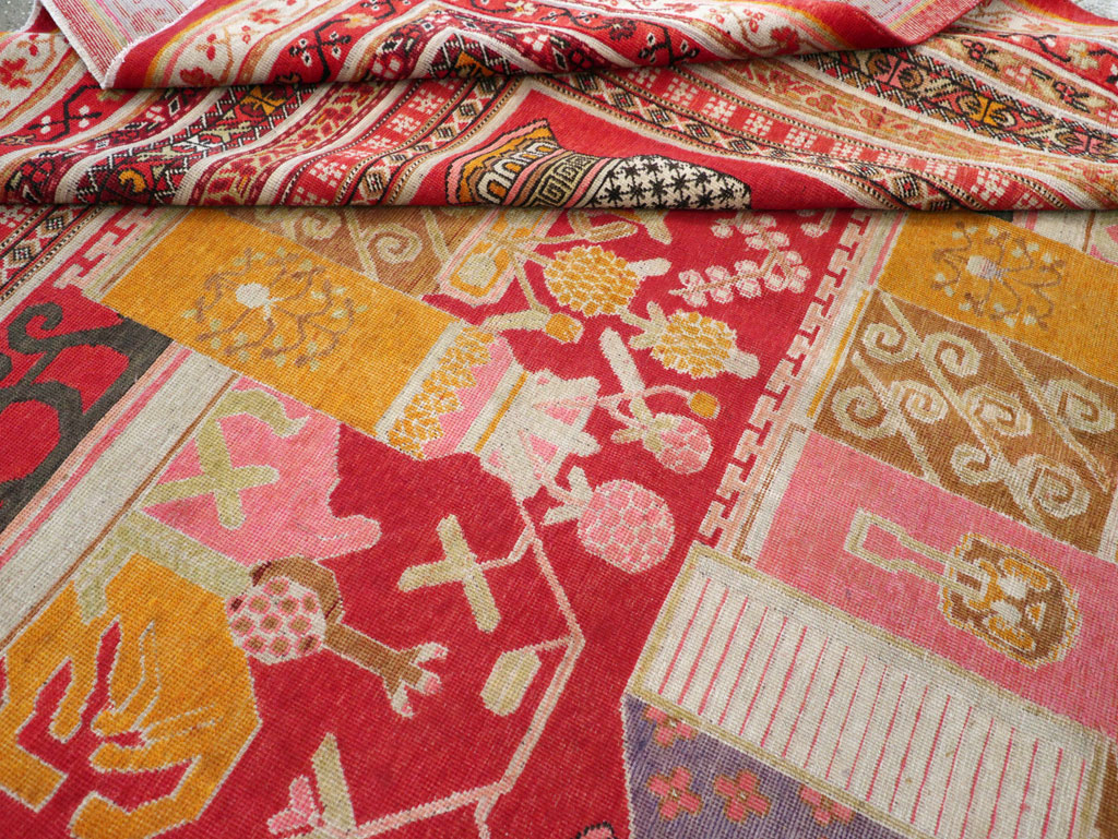 Antique East Turkestan Pictorial Vase Khotan Room Size Carpet, No.30852 - Gss