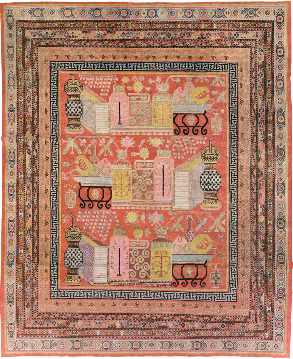 Antique East Turkestan Vase Khotan Room Size Carpet, No.30927 - Gss