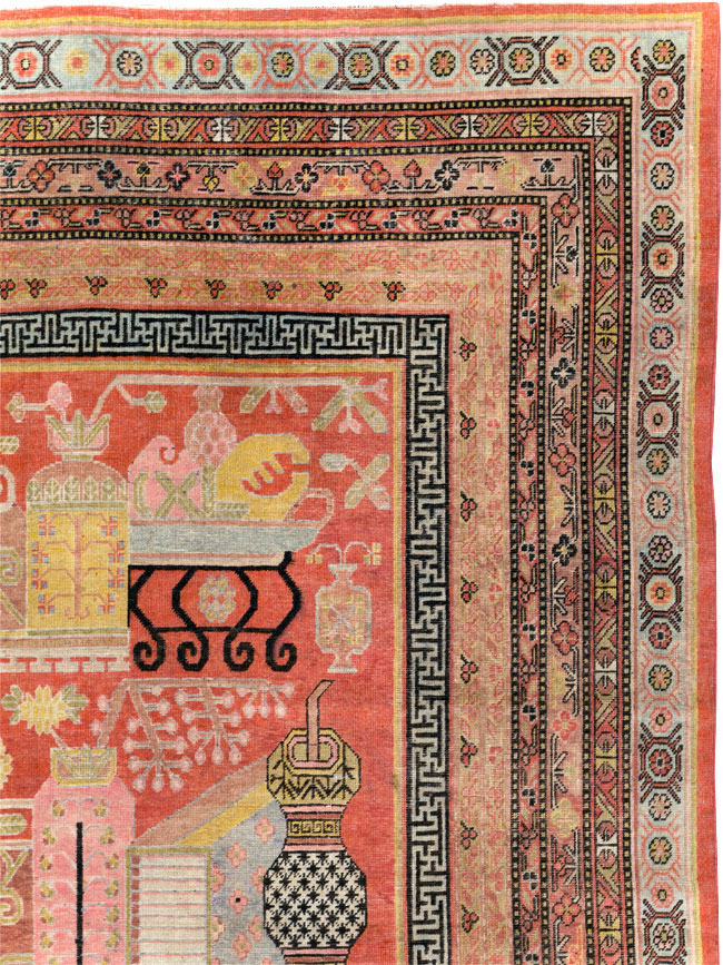 Antique East Turkestan Vase Khotan Room Size Carpet, No.30927 - Gss
