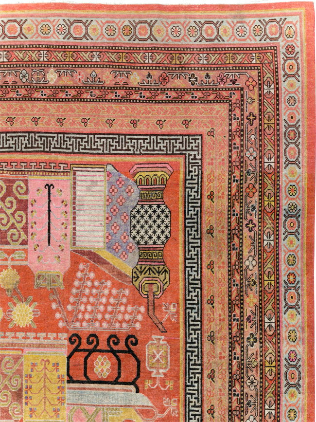 Antique East Turkestan Vase Khotan Room Size Carpet, No.30927 - Gss