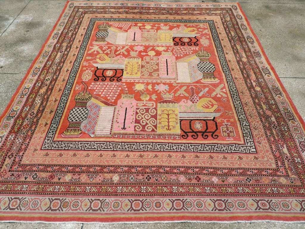Antique East Turkestan Vase Khotan Room Size Carpet, No.30927 - Gss
